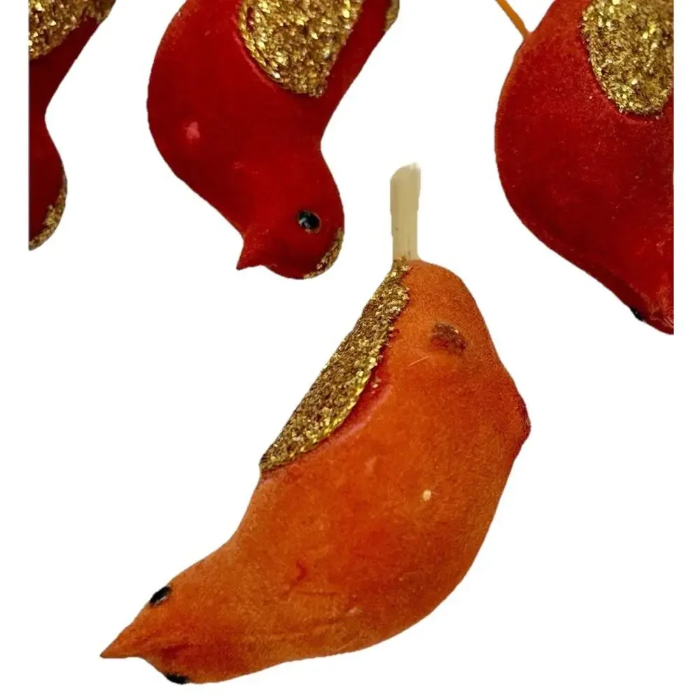 VTG 10 Mid Century Modern Red Gold Glitter Flocked Bird Christmas Tree Ornaments